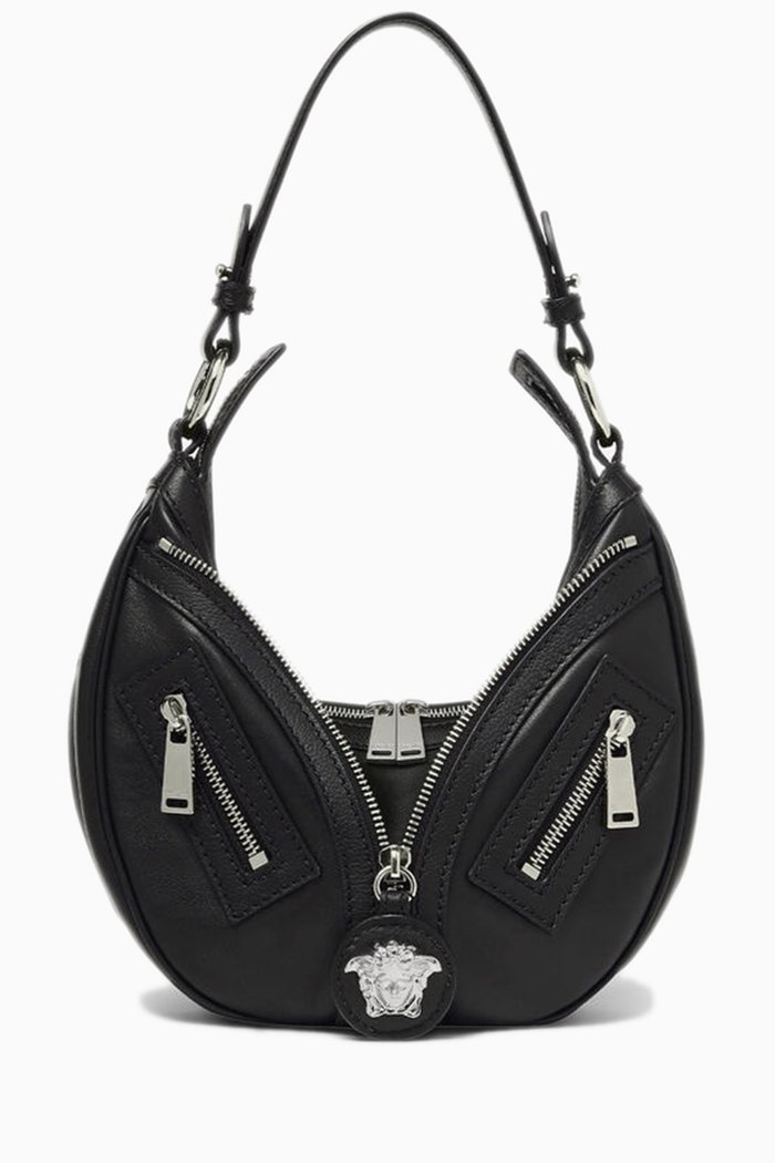 

Small Biker Hobo Bag in Calf Leather, Black