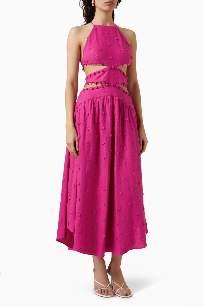 

3D Flower Midi Dress in Linen, Pink
