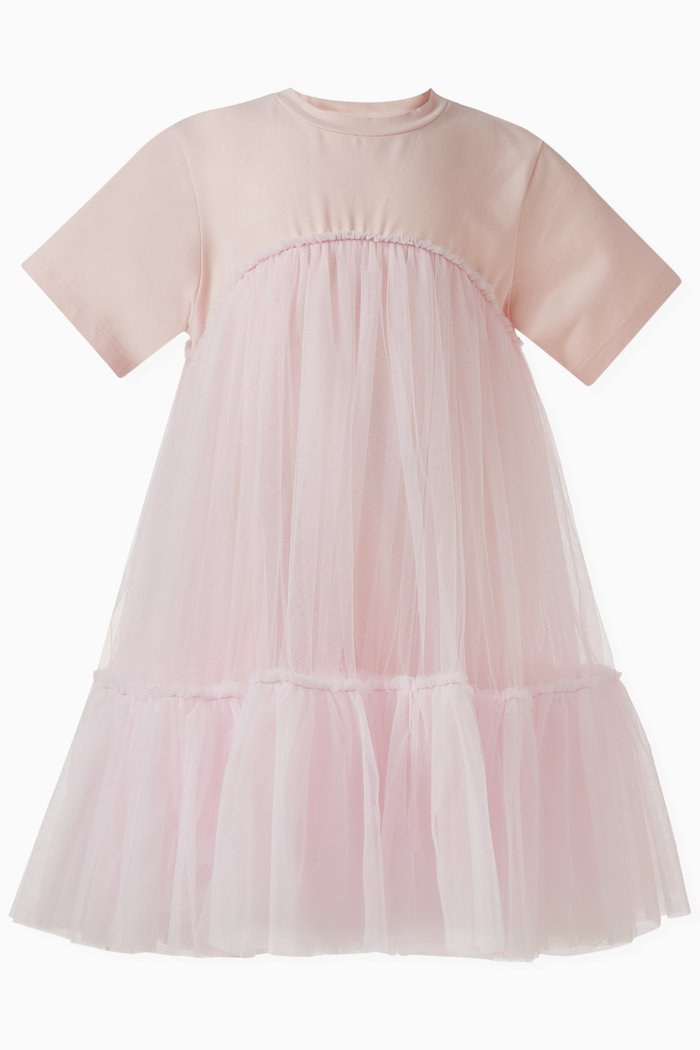 

Short Sleeved Dress in Cotton and Tulle, Pink