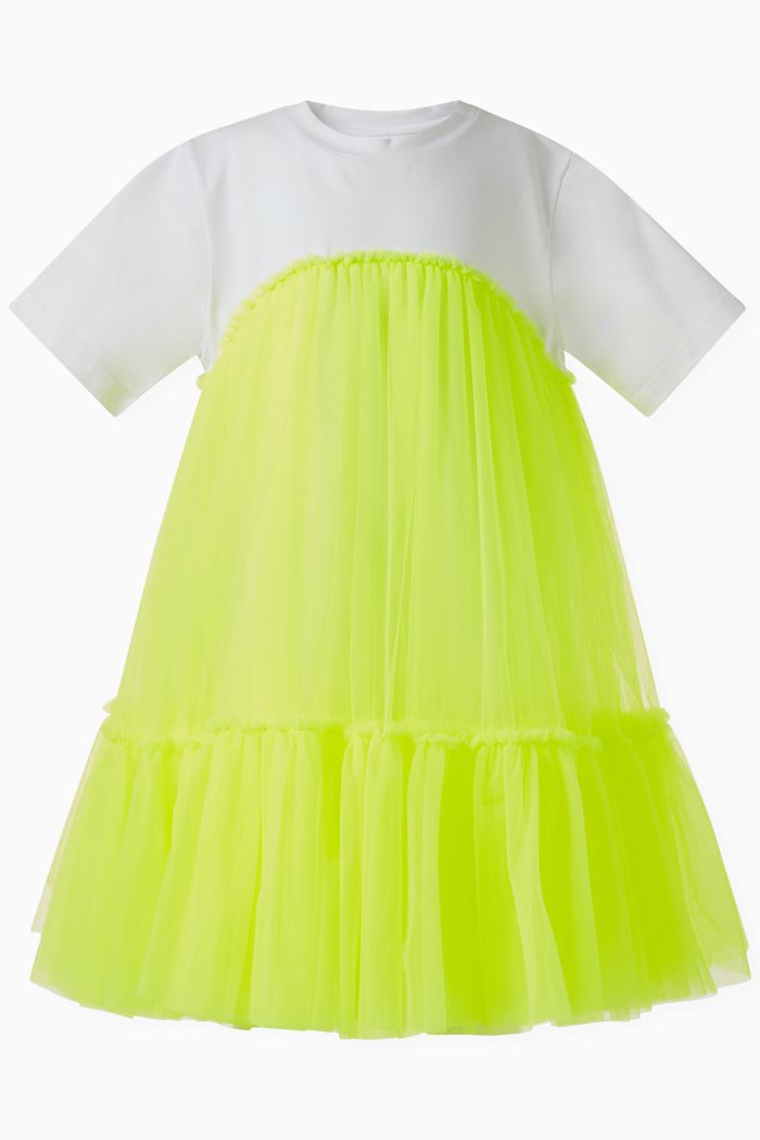 

Short Sleeved Dress in Cotton and Tulle, Yellow
