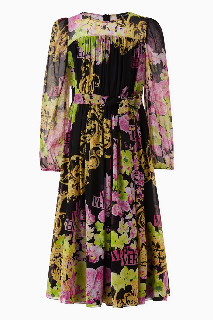 

Orchid & Logo Print Midi Dress in Silk, Multicolour