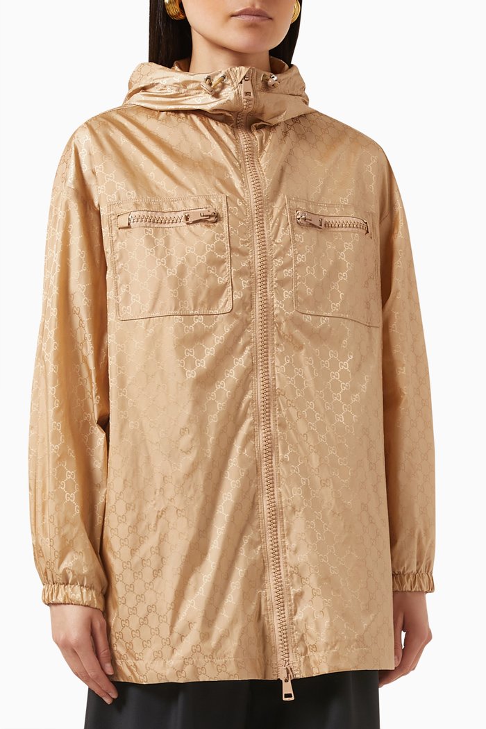 Hooded Jacket in GG Nylon Jacquard, Brown