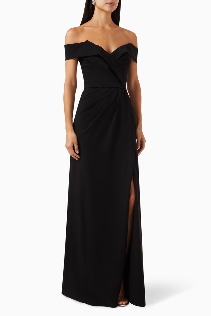 

Off-shoulder Slit Gown in Crepe, Black