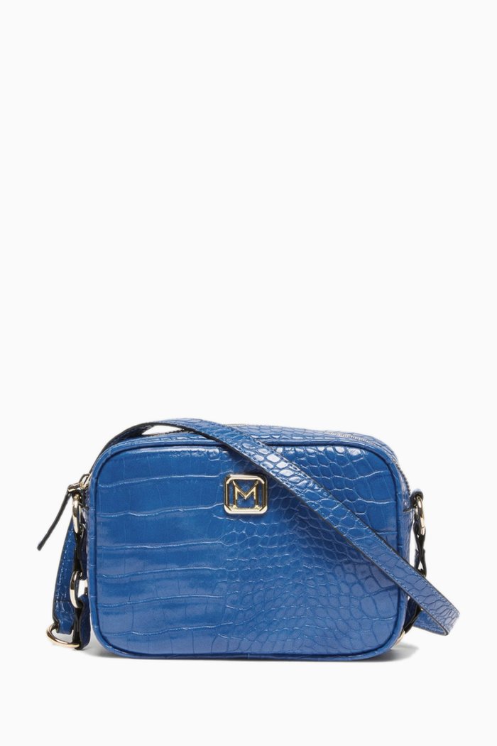 Iorgo Camera Shoulder Bag in Croc-embossed Faux Leather, Blue