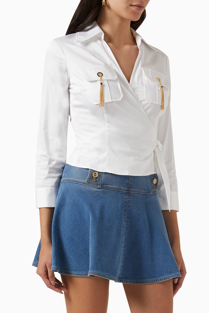 Tassel Cross-over Shirt in Cotton-poplin, White