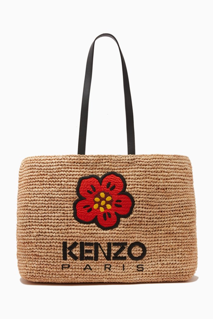 

Large Boke Flower Tote Bag in Raffia, Black