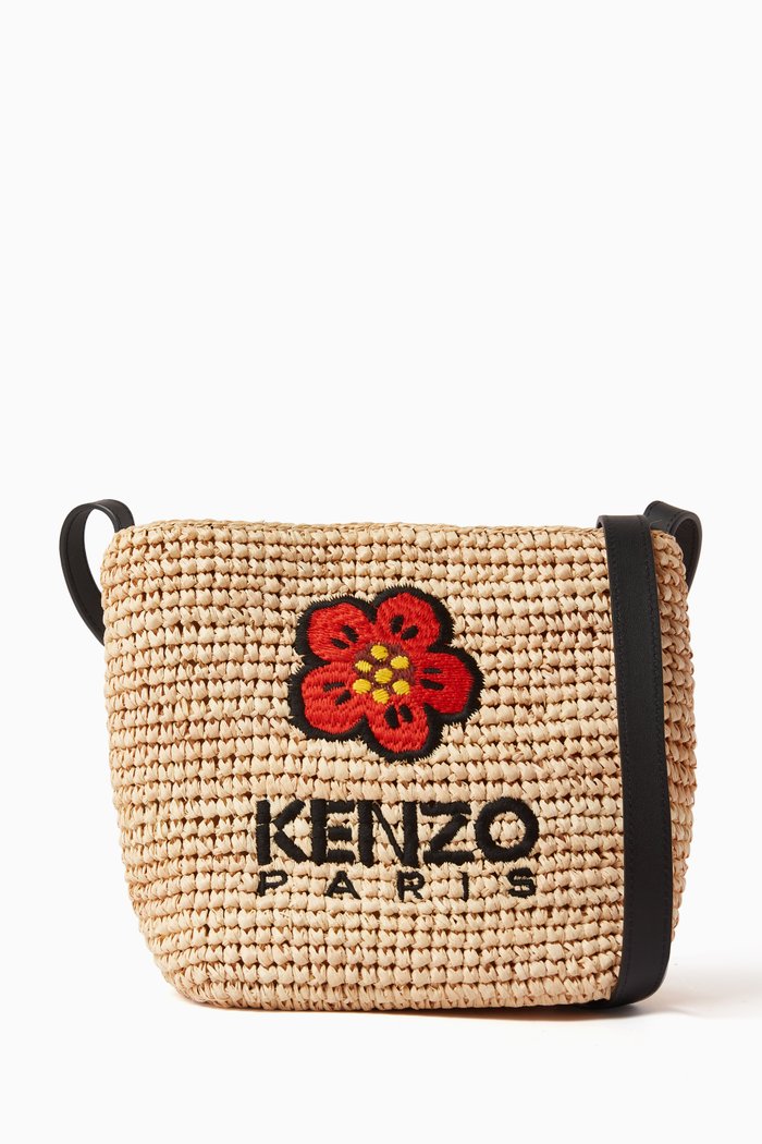 

Boke Flower-embroidered Bucket Bag in Raffia, Black