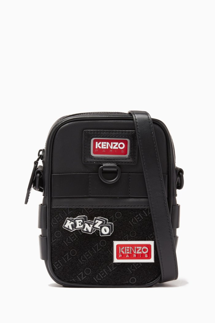 

Jungle Logo Applique Messenger Bag in Cow leather, Black
