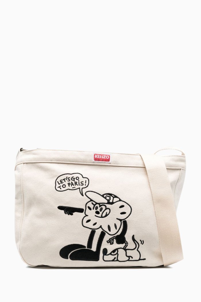 Boke Boy Slogan Logo Embroidered Crossbody Bag in Canvas, Neutral