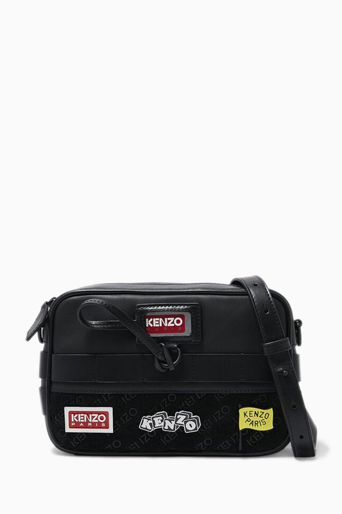 

Jungle Motif Zip Crossbody Bag in Leather, Black