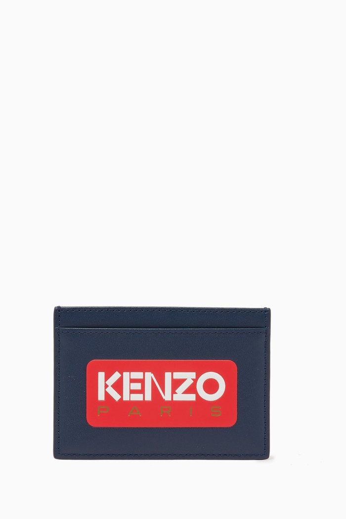 Logo Print Card Case in Leather, Blue