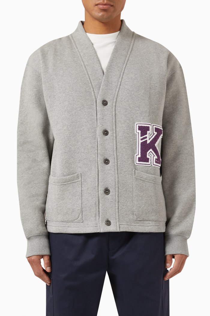 

Varsity Logo Cardigan in Brushed Cotton Fleece, Grey