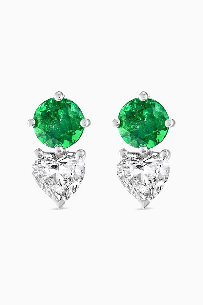Emerald & Heart Diamond Stud Earrings in 18kt White Gold, Green