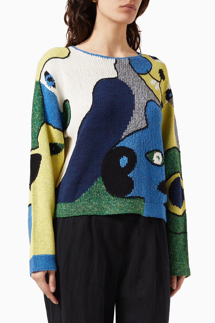 Printed Sweater in Cotton & Linen, Blue