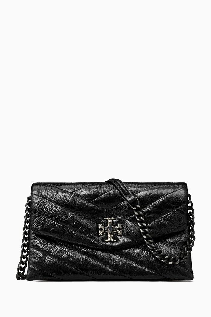 

Kira Chevron Pave Chain Wallet in Metallic Leather, Black