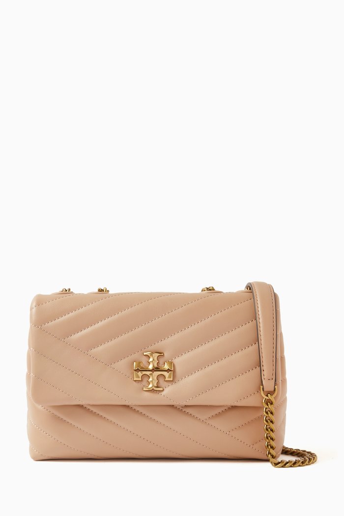 Small Kira Chevron Convertible Shoulder Bag in Leather, Brown