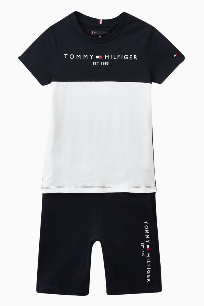 

Colour-block Logo T-shirt & Shorts Set in Cotton, Blue