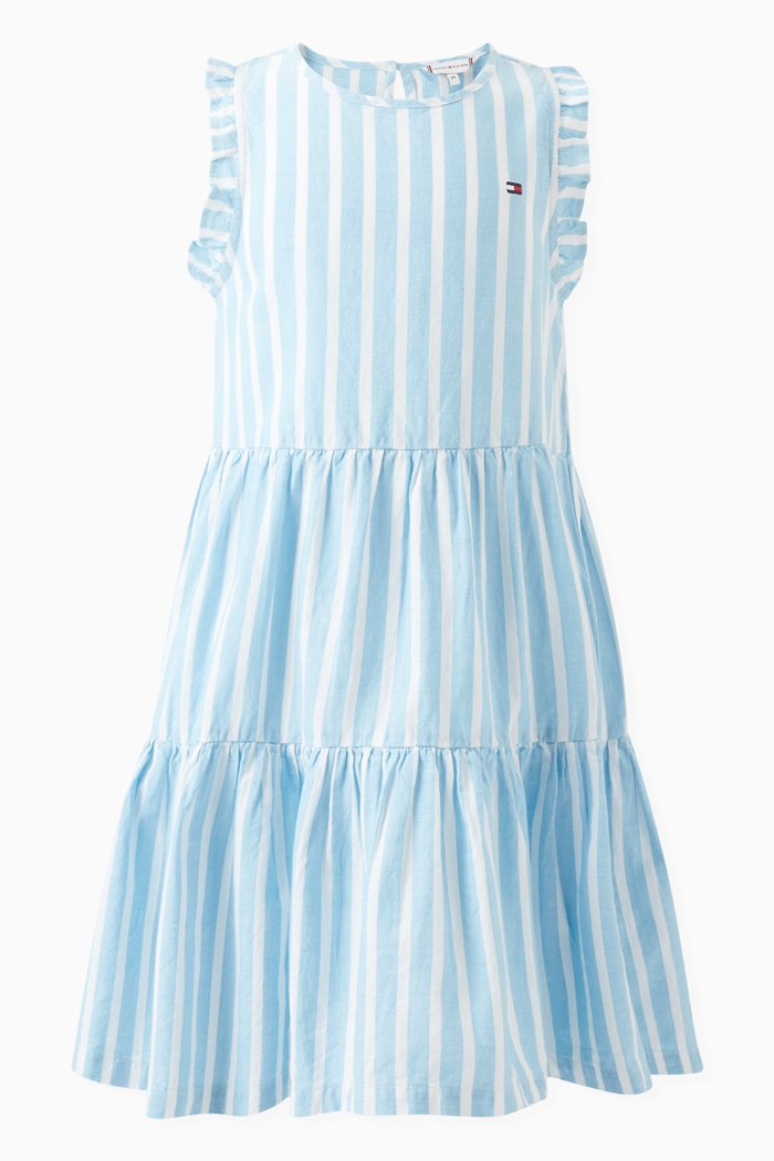 Striped Ruffle Tier Dress in Cotton-blend, Blue