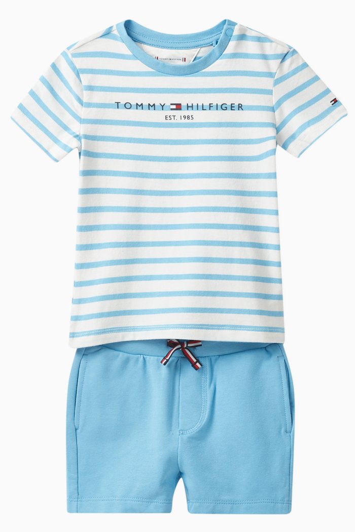

Essential Striped T-shirt & Shorts Set in Cotton Blend, Blue