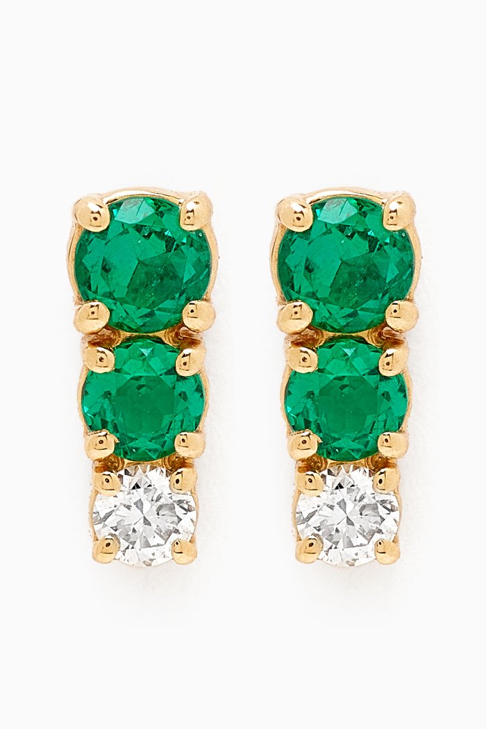 

Petite Trio Emerald & Diamond Bar Earrings in 18kt Gold, Green