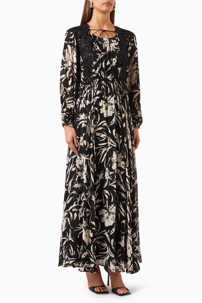 

Floral-print Crochet Maxi Dress in Chiffon, Black