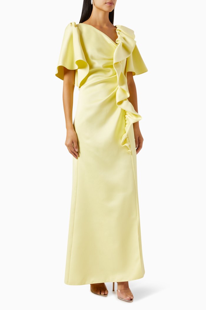 Ruffled A-line Maxi Dress in Satin, Yellow