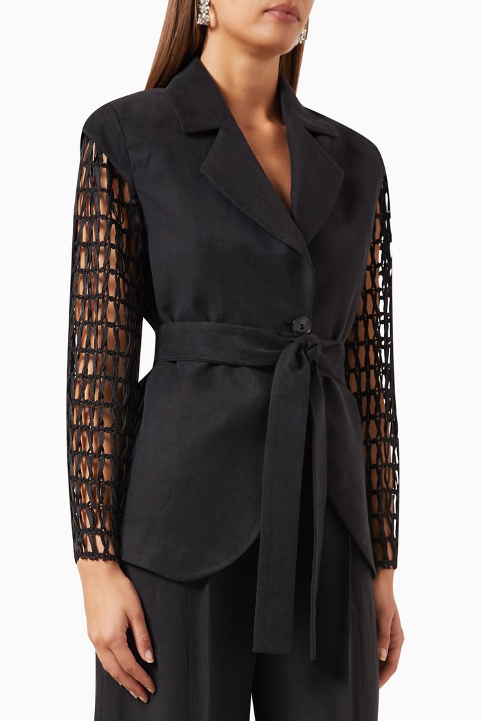 

Net Sleeves Blazer Jacket in Silk, Black