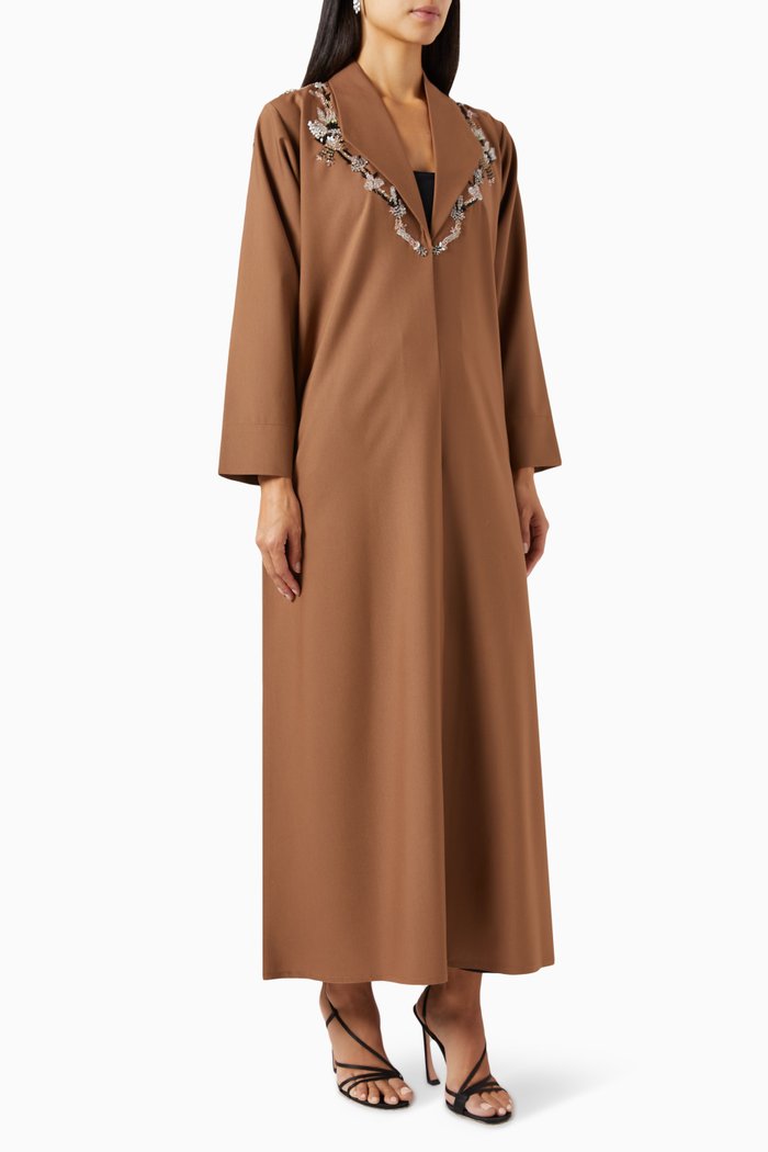 

Beaded Embroidery Abaya in Crepe, Brown