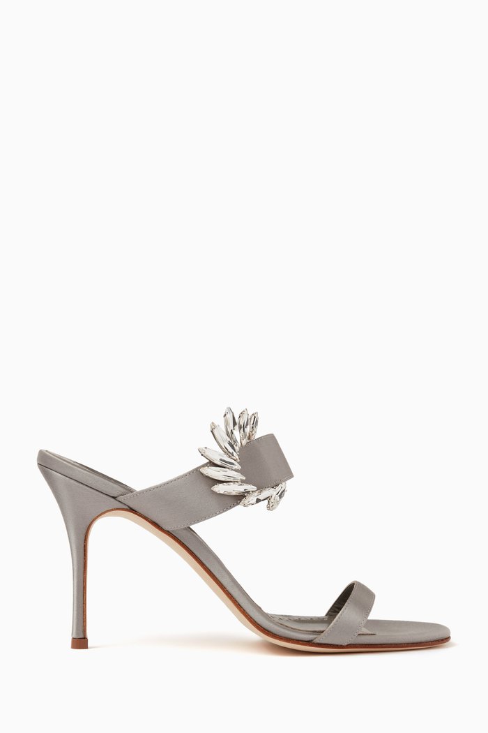 Chivela 90 Embellished Buckle Mules in Satin, Grey
