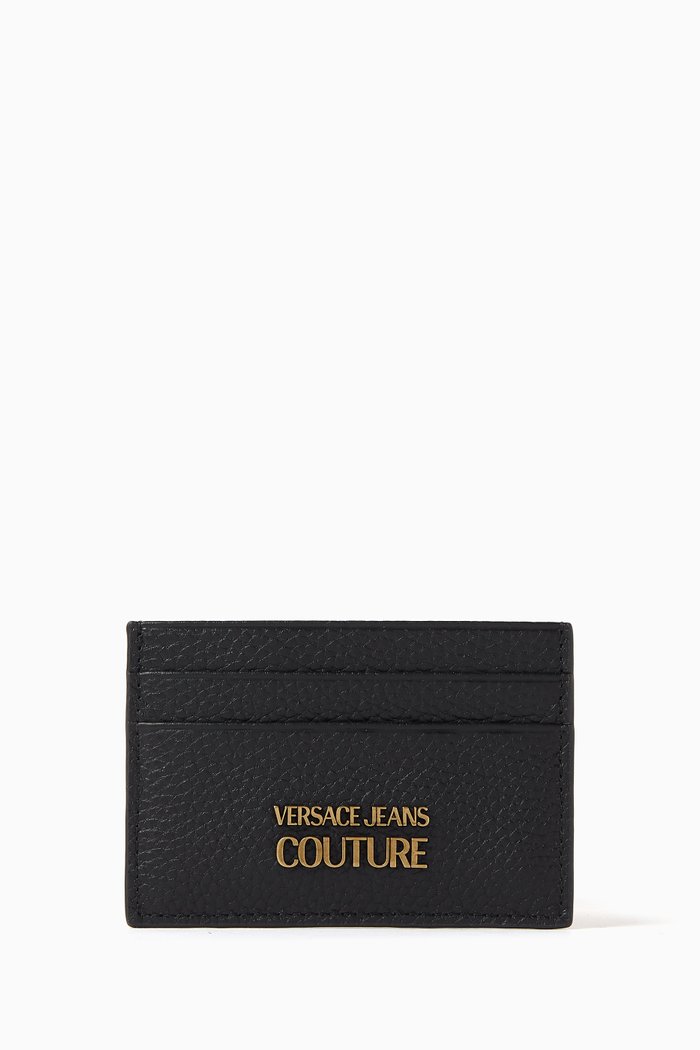 Letter Logo Hardware Card Holder in Leather, Black