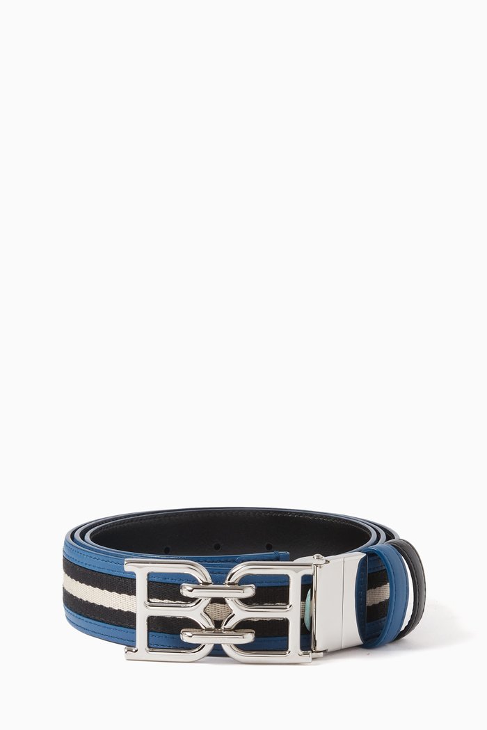 

Striped B-chain Reversible Belt in Leather & Fabric, Blue