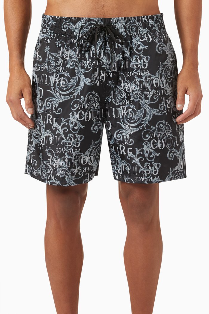 Baroque Print Swim Shorts in Nylon, Black