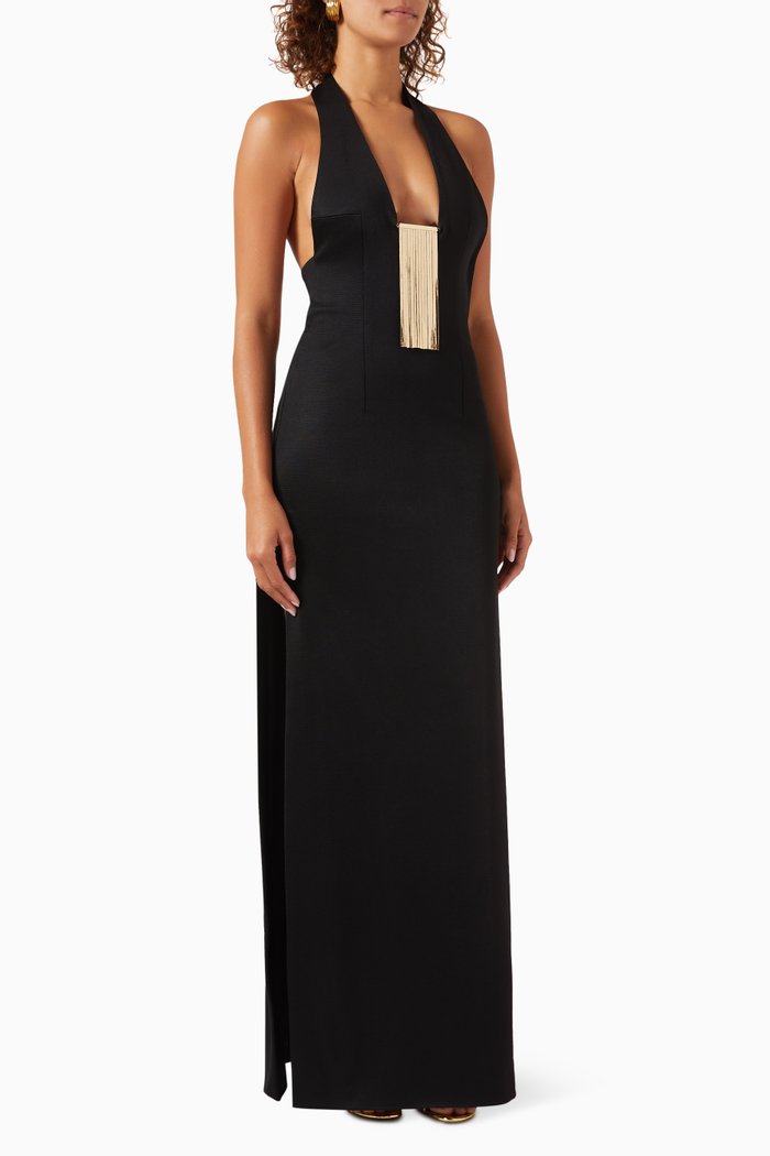 

Liquid Chain Halter Maxi Dress in Jersey, Black