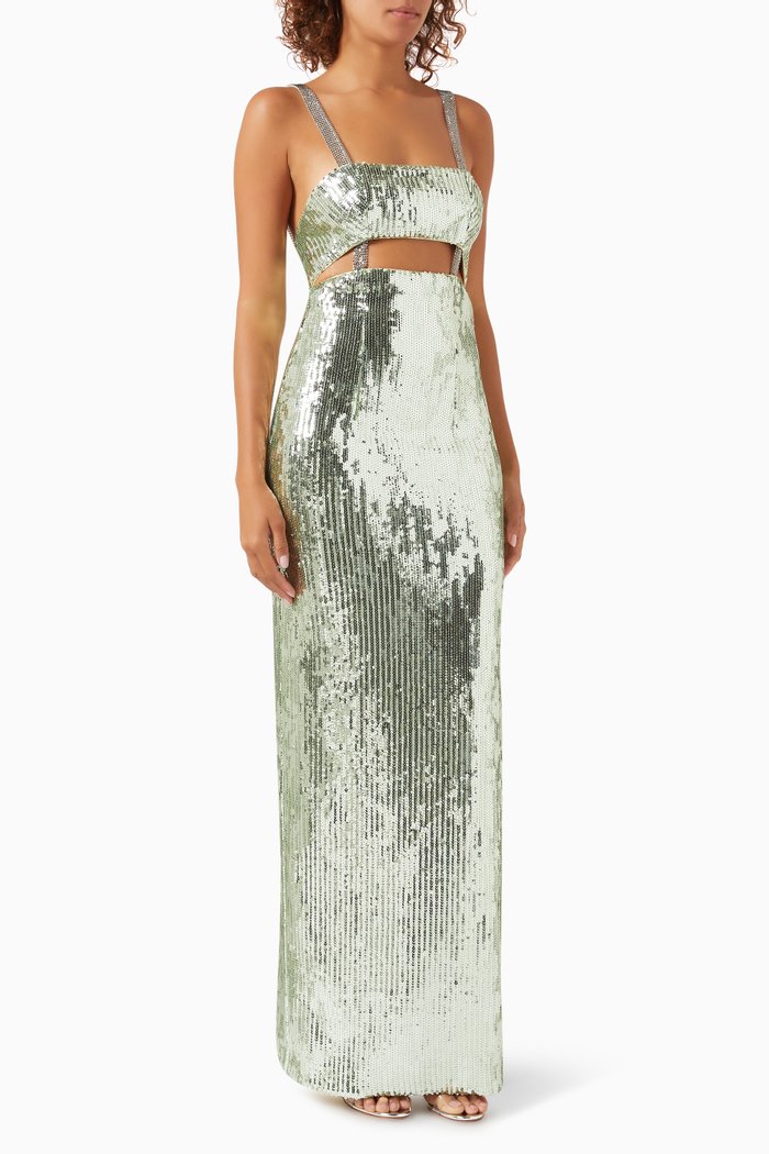 

Rebecca Maxi Dress in Stretch Liquid Sequin, Green