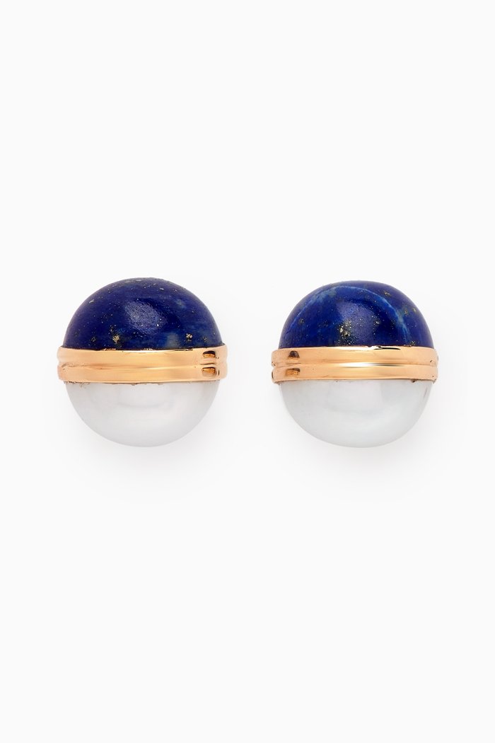 Kiku Glow Sphere Pearl & Lapis Lazuli Stud Earrings in 18kt Gold, Yellow
