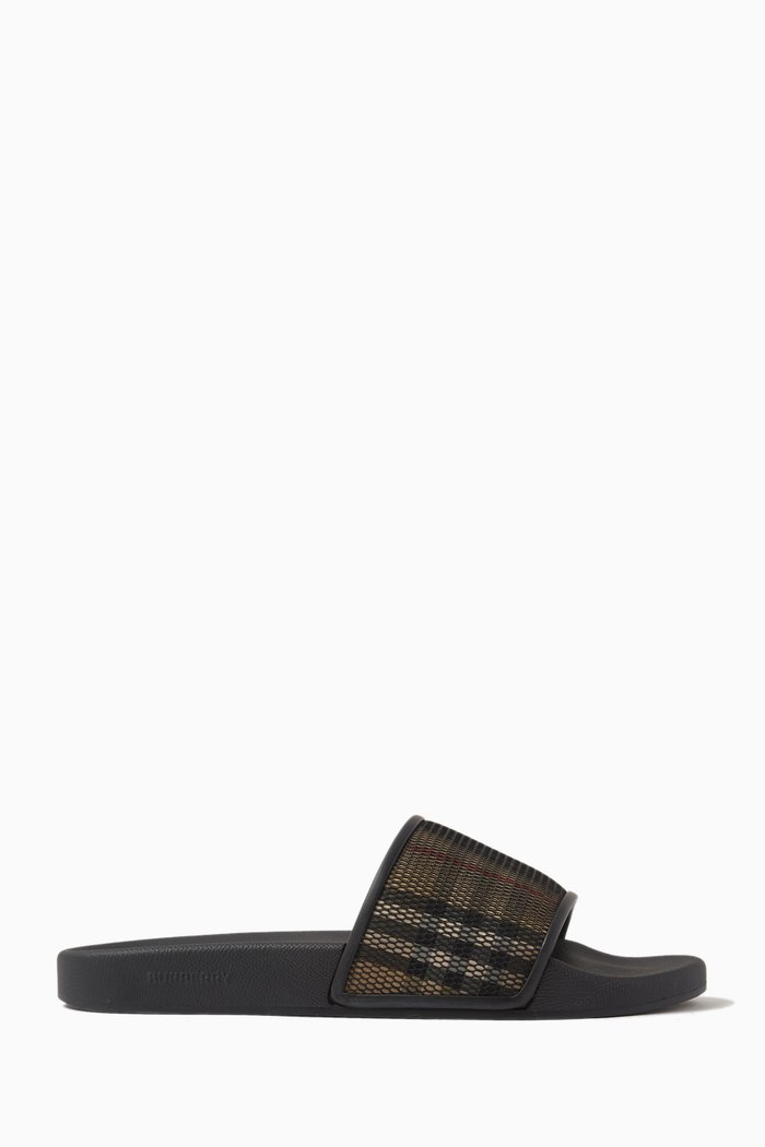 Furley Check Slides in Cotton & Mesh, Neutral