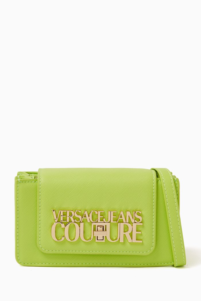 

Small Logo Lock Shoulder Bag in Faux Saffiano Leather, Green