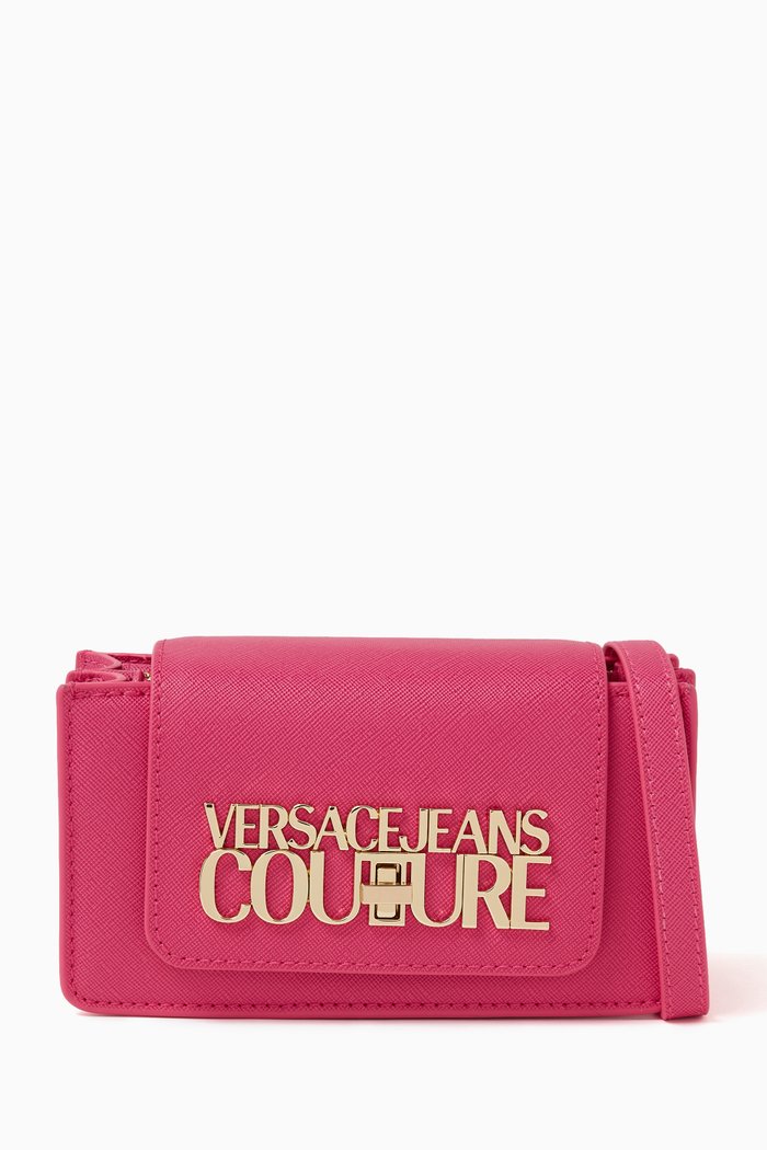 Small Logo lock Shoulder Bag in Saffiano Faux Leather, Pink