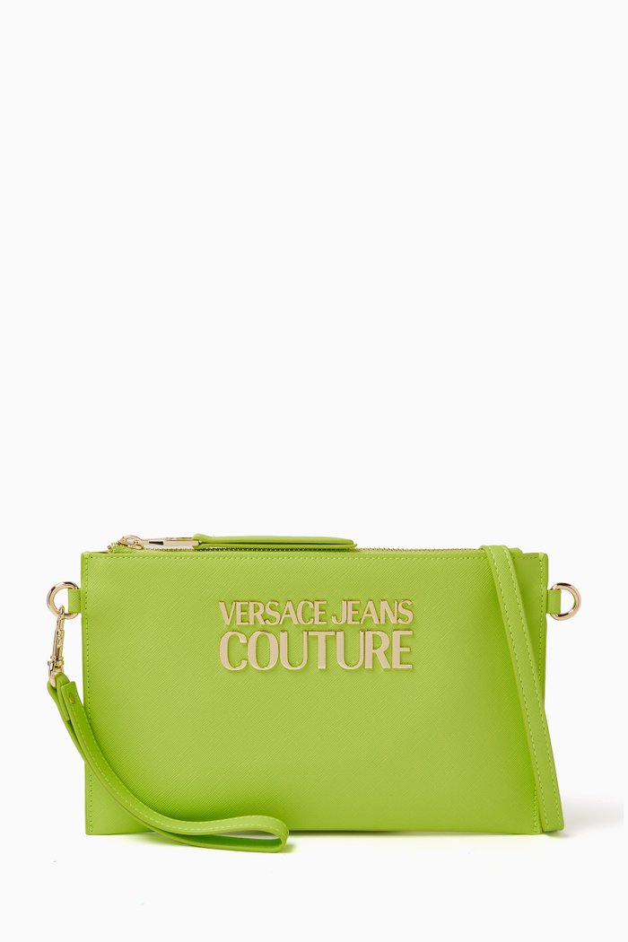 Logo Lock Pouch in Faux Saffiano Leather, Green