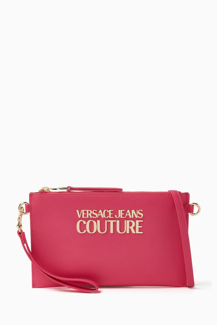 

Small Logo Lock Clutch in Saffiano Faux Leather, Pink