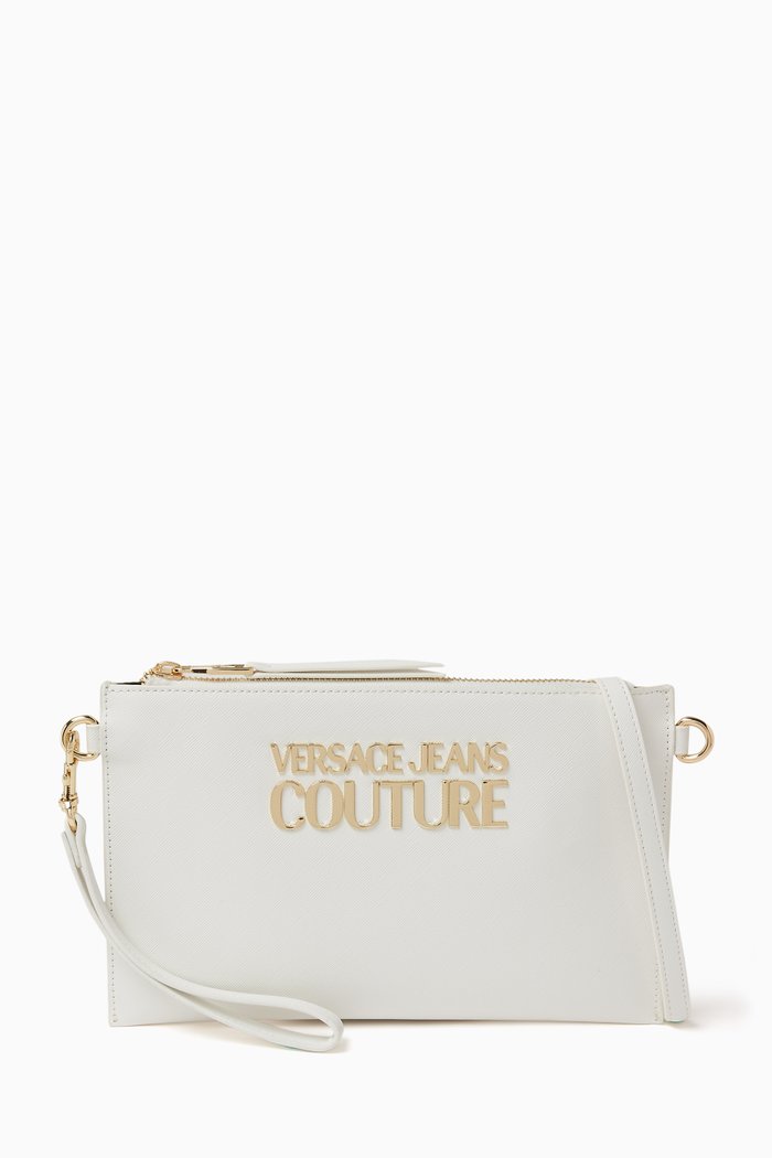 

Small Logo Lock Clutch in Saffiano Faux Leather, White
