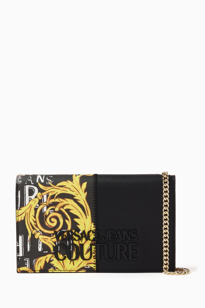 

Half Barocco Print Chain Wallet in Faux Leather, Black