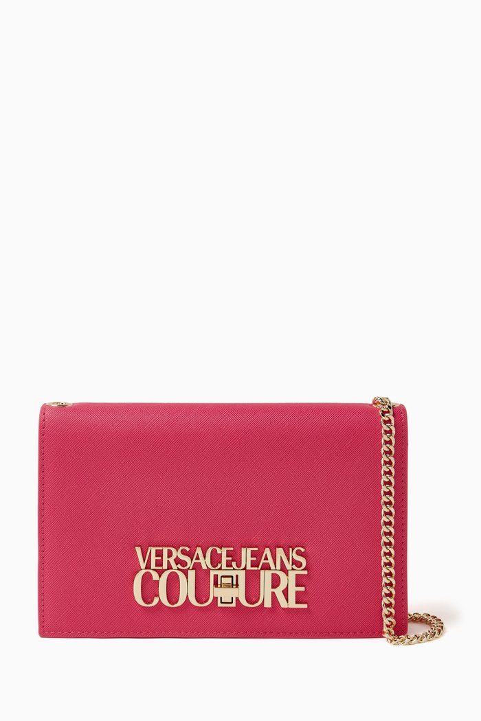 

Logo Lock Print Chain Wallet in Saffiano Faux Leather, Pink