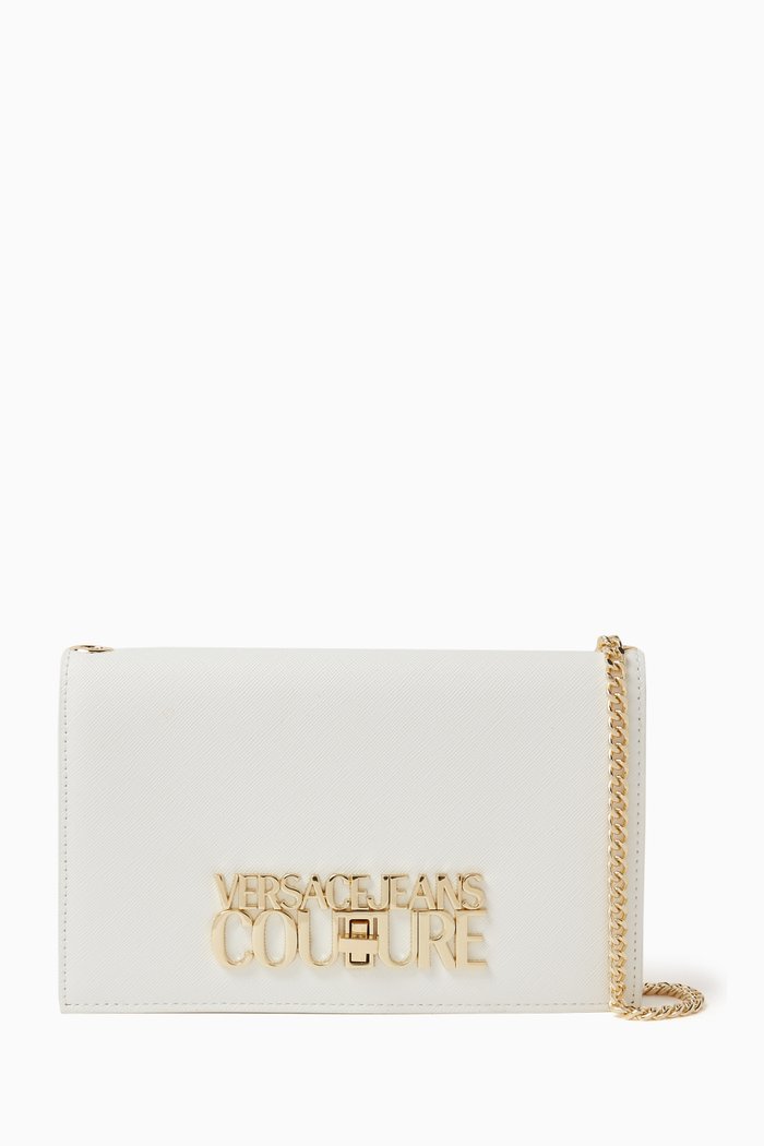 

Logo Lock Print Chain Wallet in Saffiano Faux Leather, White