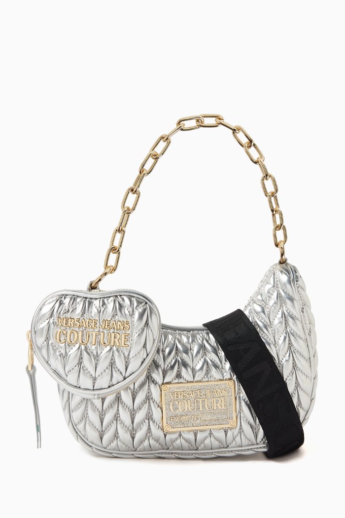 Crunchy Zip Crossbody Bag in Metallic Leather, Silver
