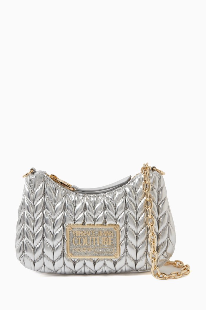 

Small Crunchy Chain-strap Shoulder Bag in Metallic PU, Silver