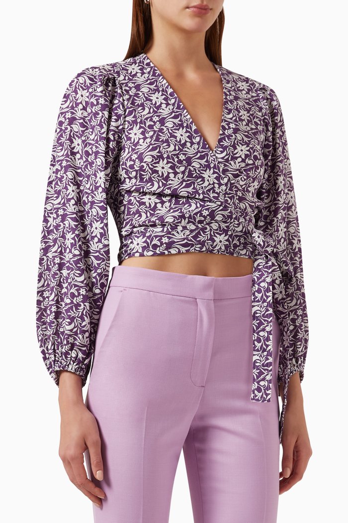

Floral Print Crop Top in Linen, Purple
