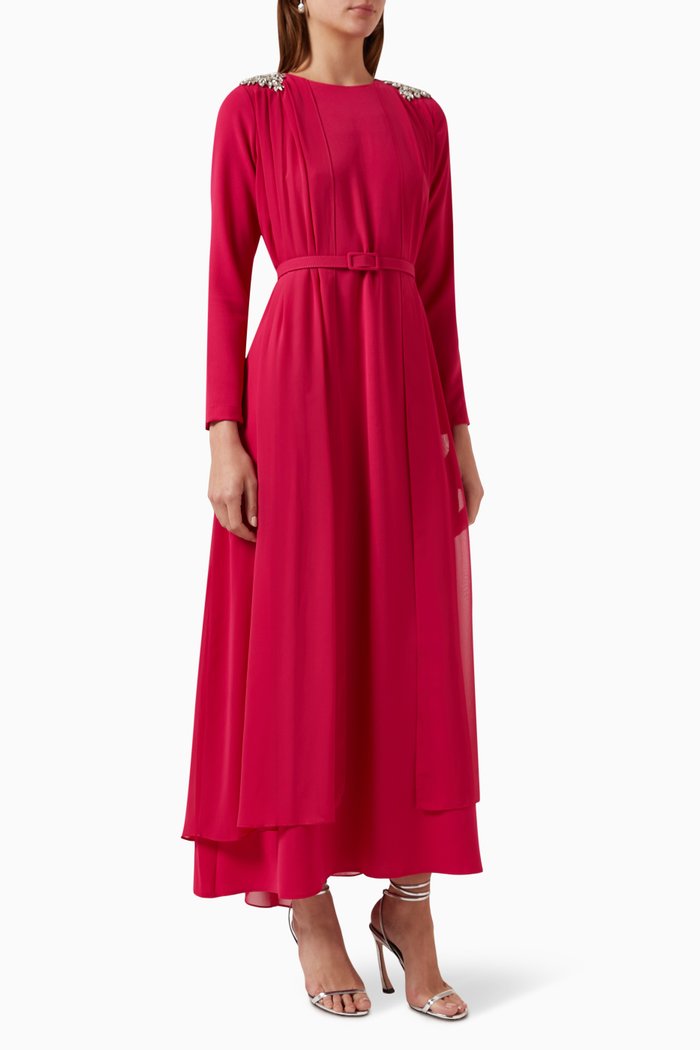 

Crystal-embellished Belted Dress in Chiffon, Pink
