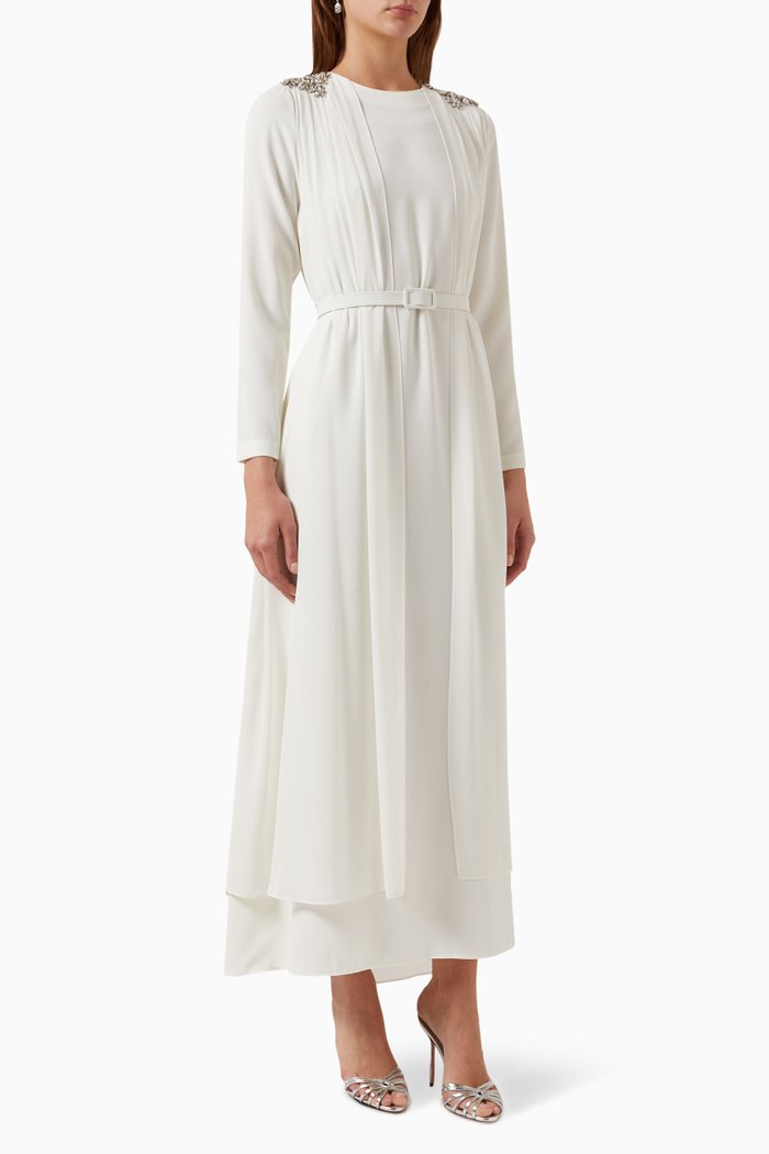 

Crystal-embellished Belted Dress in Chiffon, Neutral