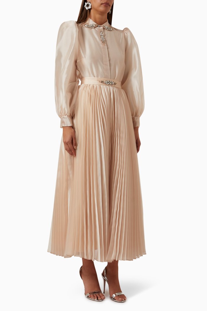 

Leaves Pleated Top and Pants Set, Neutral